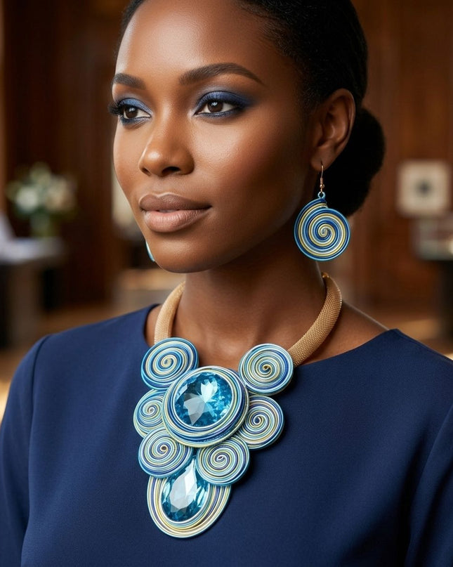 Blue Wire Wrap Teardrop Crystal Bib Necklace