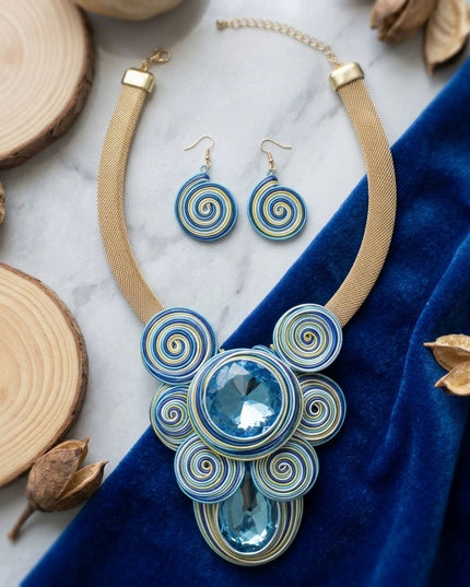 Blue Wire Wrap Teardrop Crystal Bib Necklace