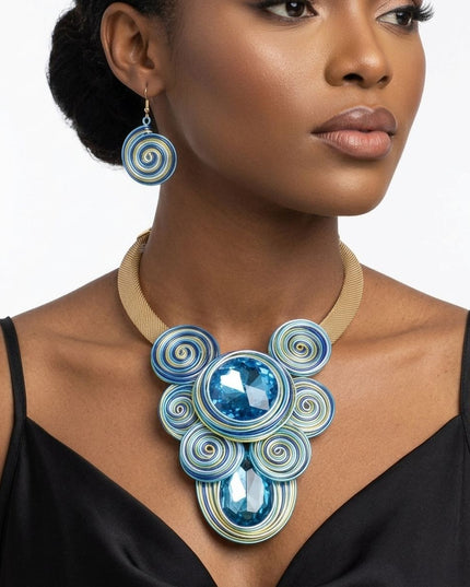 Blue Wire Wrap Teardrop Crystal Bib Necklace