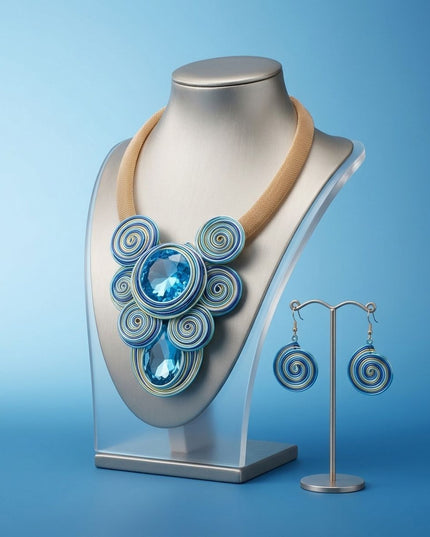Blue Wire Wrap Teardrop Crystal Bib Necklace