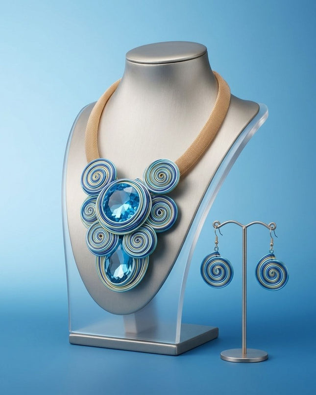 Blue Wire Wrap Teardrop Crystal Bib Necklace