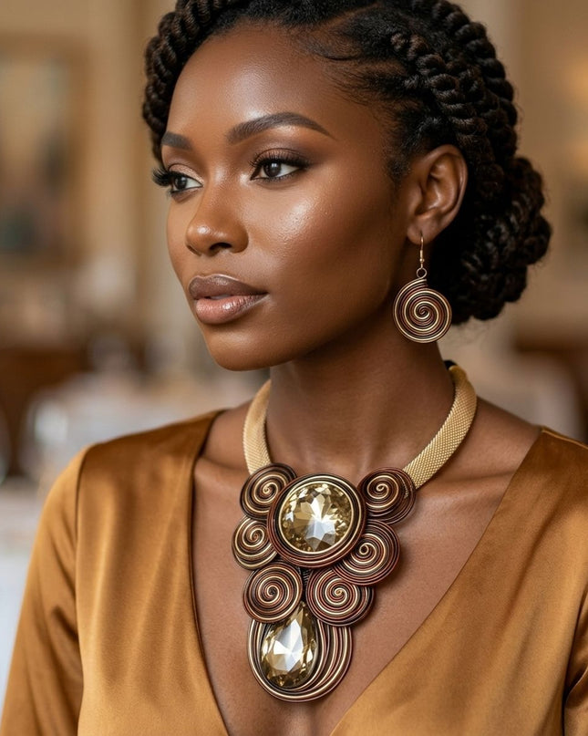 Brown Wire Wrap Teardrop Crystal Bib Necklace