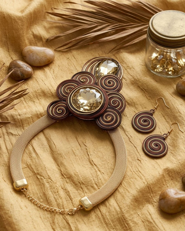 Brown Wire Wrap Teardrop Crystal Bib Necklace
