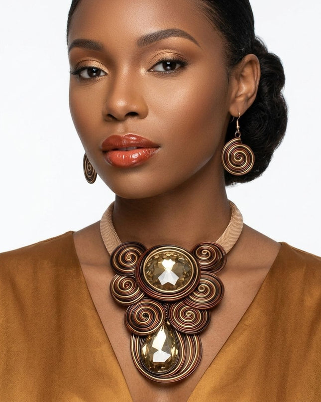 Brown Wire Wrap Teardrop Crystal Bib Necklace