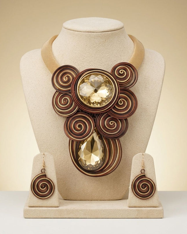 Brown Wire Wrap Teardrop Crystal Bib Necklace