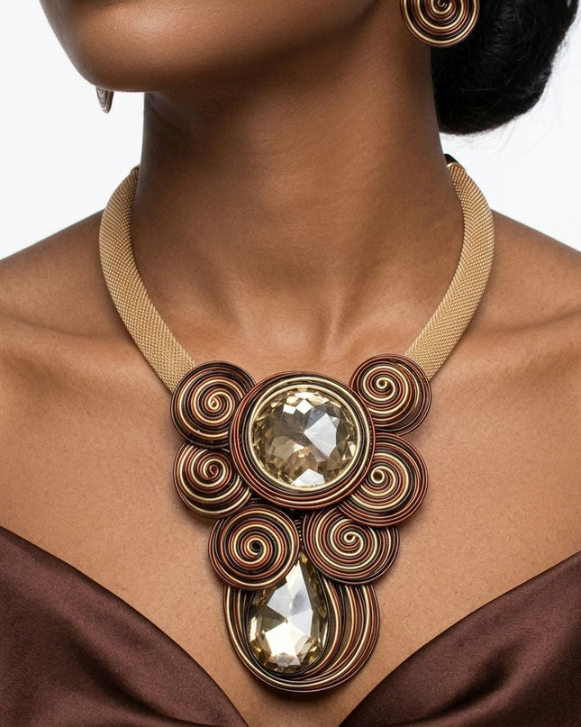 Brown Wire Wrap Teardrop Crystal Bib Necklace
