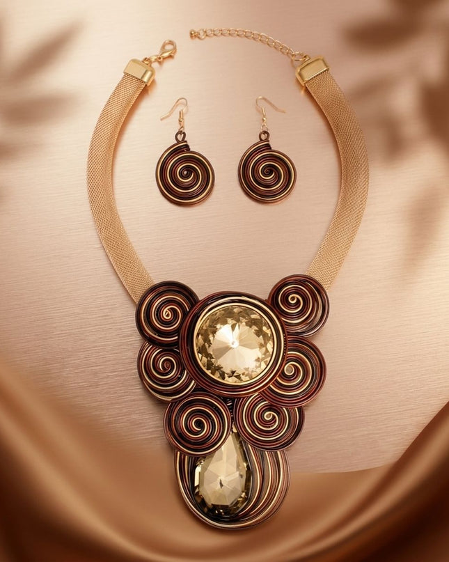 Brown Wire Wrap Teardrop Crystal Bib Necklace