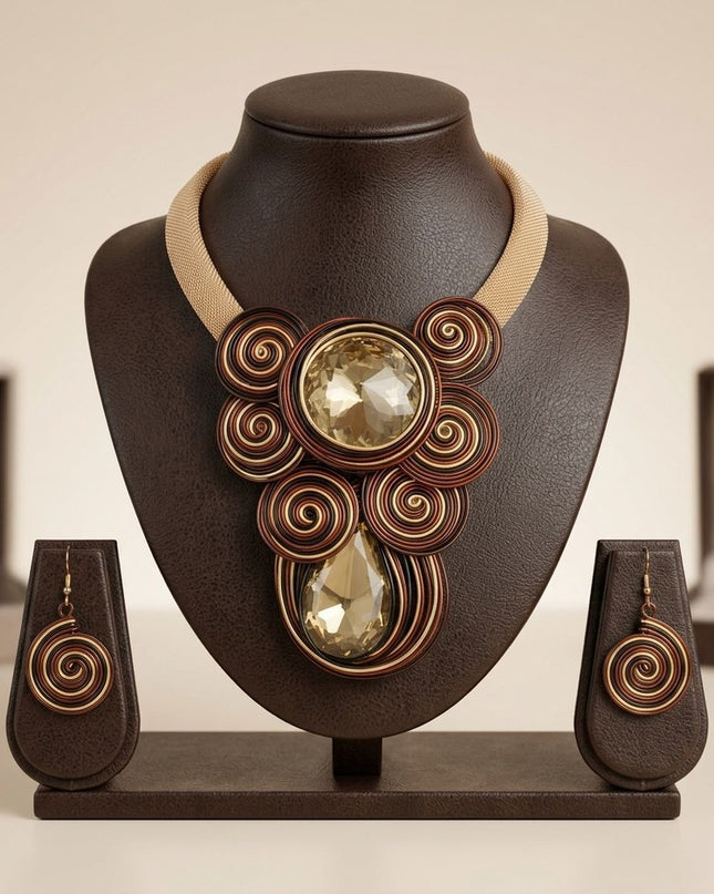 Brown Wire Wrap Teardrop Crystal Bib Necklace