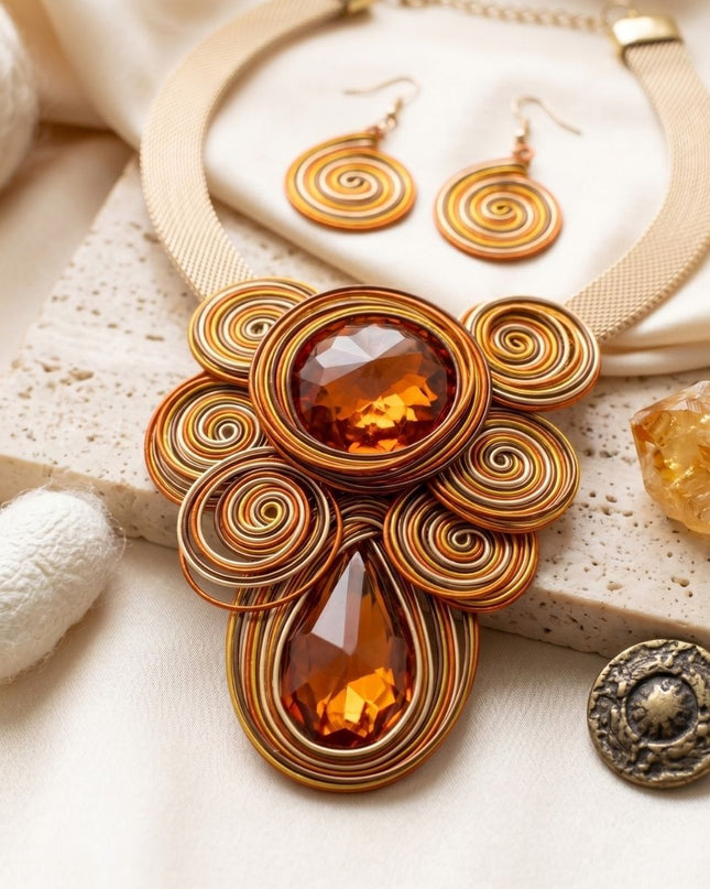 Orange Wire Wrap Teardrop Crystal Bib Necklace