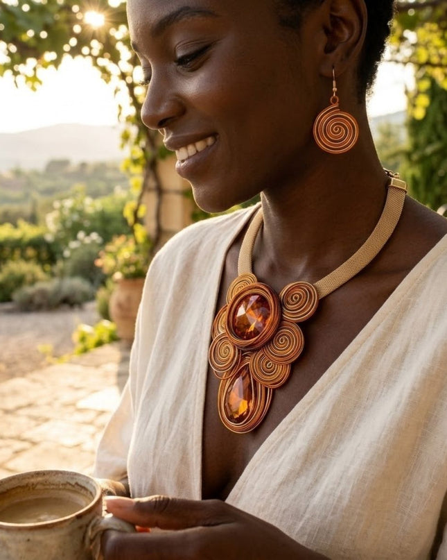 Orange Wire Wrap Teardrop Crystal Bib Necklace