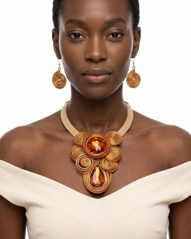 Orange Wire Wrap Teardrop Crystal Bib Necklace