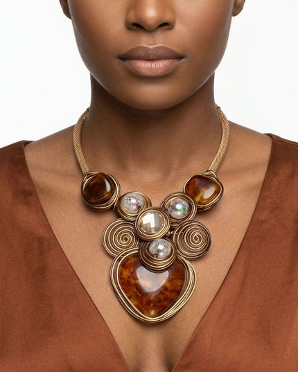 Brown Coiled Wire Heart Handmade Bib Necklace