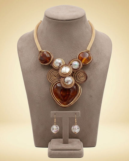 Brown Coiled Wire Heart Handmade Bib Necklace