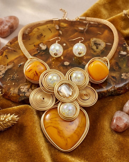 Yellow Coiled Wire Heart Handmade Bib Necklace