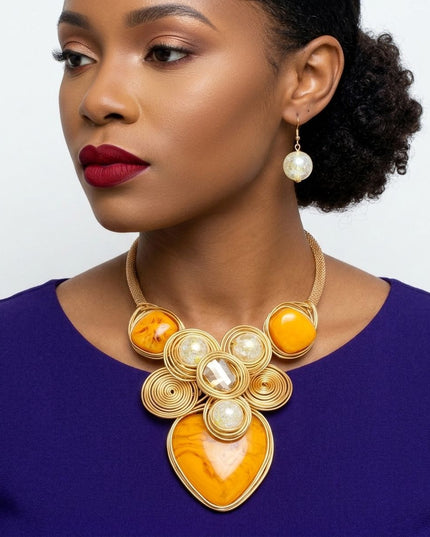Yellow Coiled Wire Heart Handmade Bib Necklace