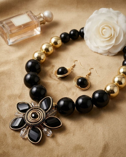 Black and Gold Jumbo Bead Flower Pendant Necklace