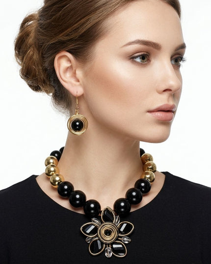 Black and Gold Jumbo Bead Flower Pendant Necklace