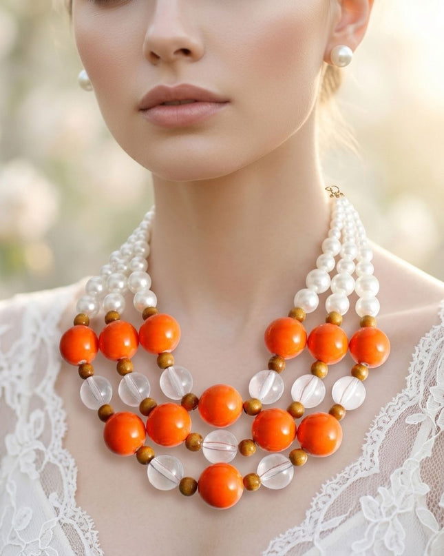 Chunky Orange Glazed Bead & Pearl Layered Necklace