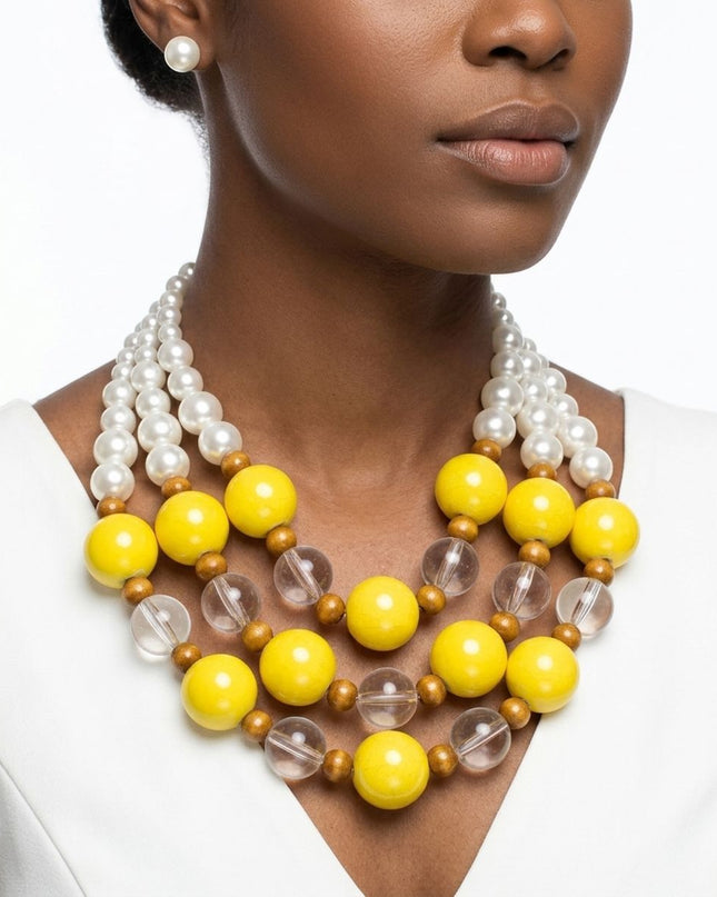 Chunky Yellow Glazed Bead & Pearl Layered Necklace