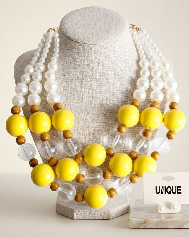 Chunky Yellow Glazed Bead & Pearl Layered Necklace