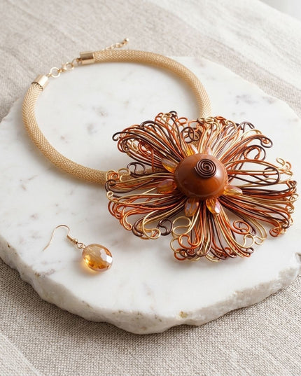 Brown Wire Beaded Sunburst XL Pendant Necklace