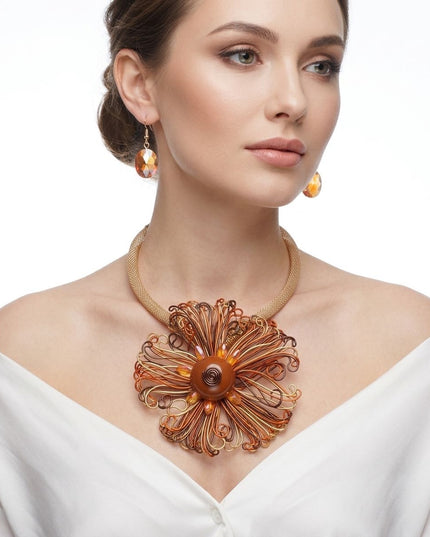 Brown Wire Beaded Sunburst XL Pendant Necklace