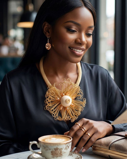Gold Wire Beaded Sunburst XL Pendant Necklace
