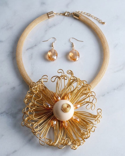 Gold Wire Beaded Sunburst XL Pendant Necklace