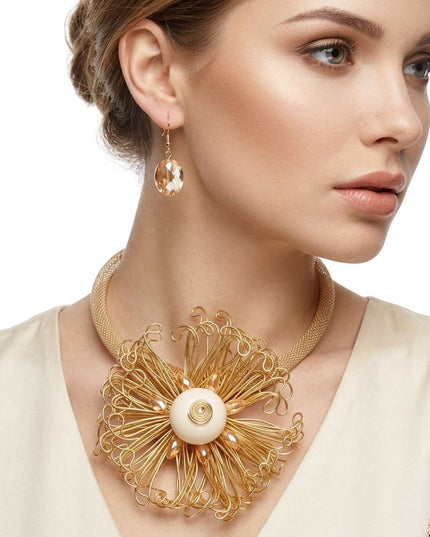 Gold Wire Beaded Sunburst XL Pendant Necklace