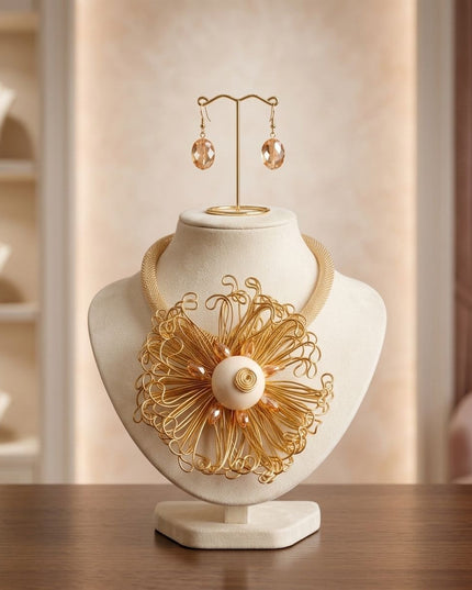 Gold Wire Beaded Sunburst XL Pendant Necklace