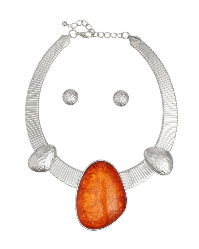 Collar Silver Omega Orange Resin Tribal Necklace