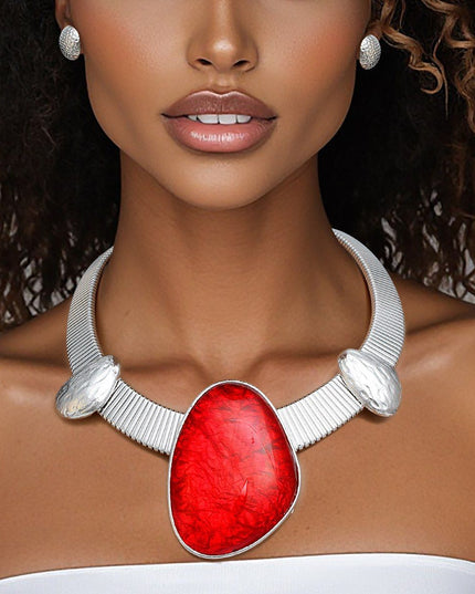Collar Silver Omega Red Resin Tribal Necklace