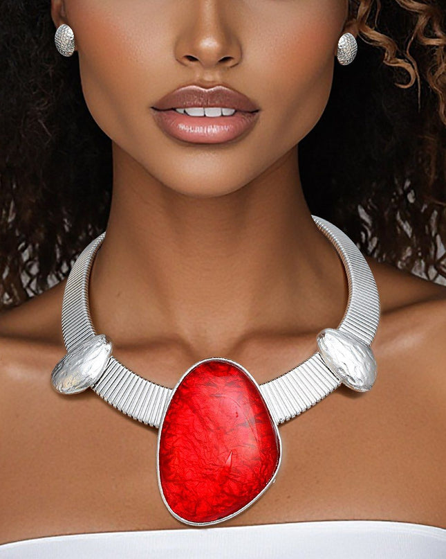 Collar Silver Omega Red Resin Tribal Necklace