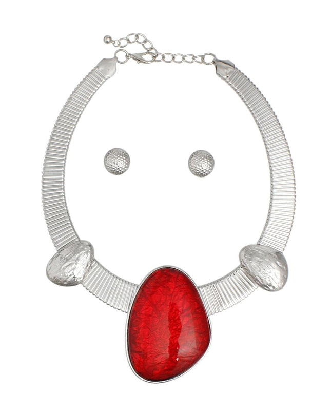 Collar Silver Omega Red Resin Tribal Necklace