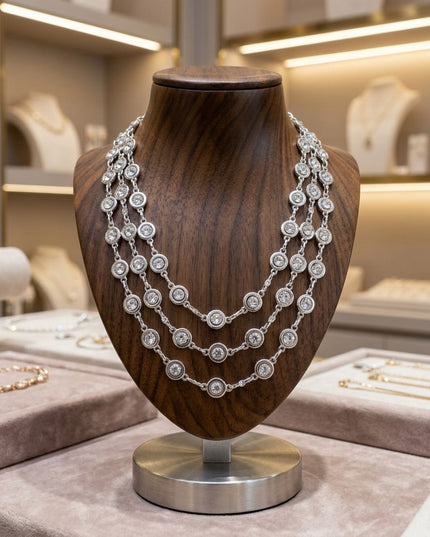 Silver 3 Layer Bezel Crystal Station Chain Necklace
