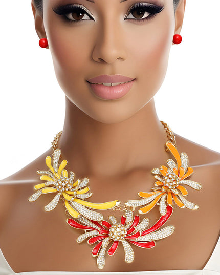 Necklace Bright Gold Metal Floral Stone Collar Set