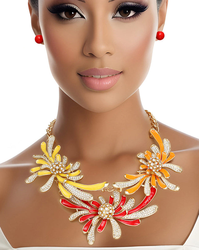 Necklace Bright Gold Metal Floral Stone Collar Set