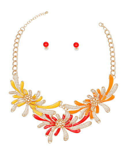 Necklace Bright Gold Metal Floral Stone Collar Set