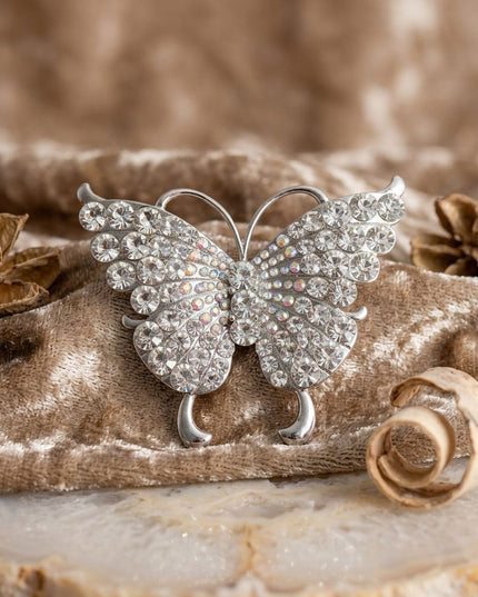 Silver Butterfly Large Brooch Pin with Crystals