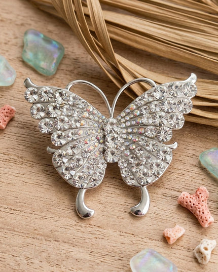 Silver Butterfly Large Brooch Pin with Crystals