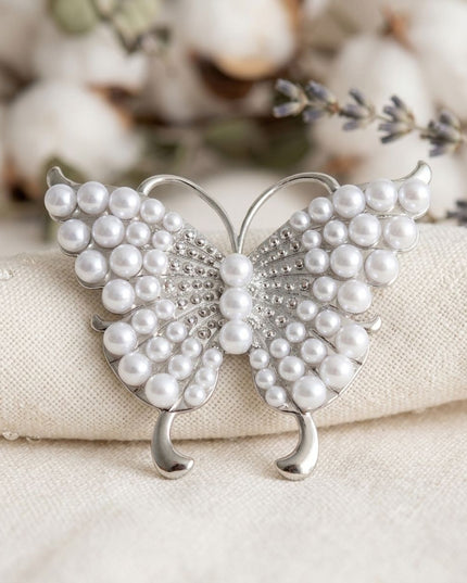Silver Butterfly Large Brooch Pin with Pearls