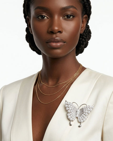 Silver Butterfly Large Brooch Pin with Pearls