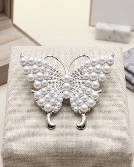 Silver Butterfly Large Brooch Pin with Pearls