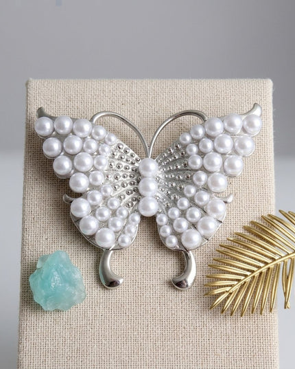 Silver Butterfly Large Brooch Pin with Pearls