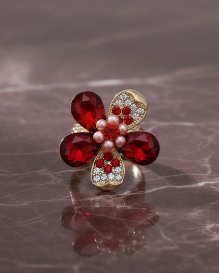 Cocktail Ring Red Teardrop Crystal Flower Design