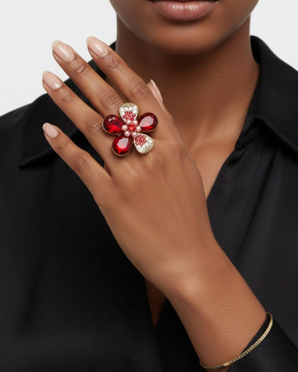 Cocktail Ring Red Teardrop Crystal Flower Design