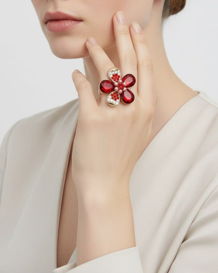 Cocktail Ring Red Teardrop Crystal Flower Design