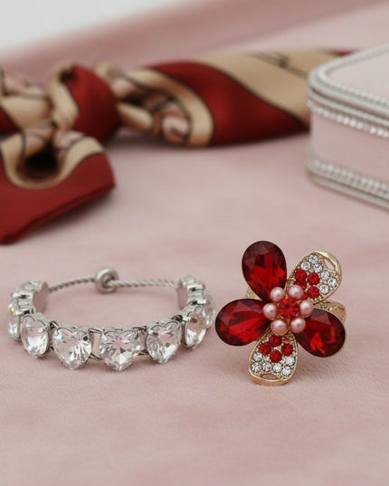 Cocktail Ring Red Teardrop Crystal Flower Design