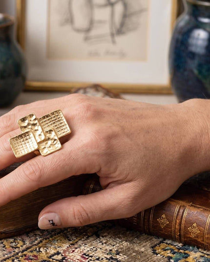Chunky Gold Textured Geometric Cross Ring