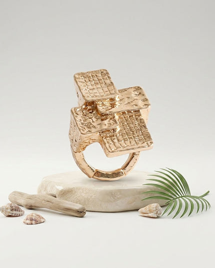 Chunky Gold Textured Geometric Cross Ring